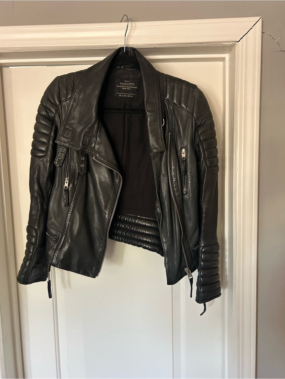 All Saints Black Quilted Sleeve Leather Moto Jacket